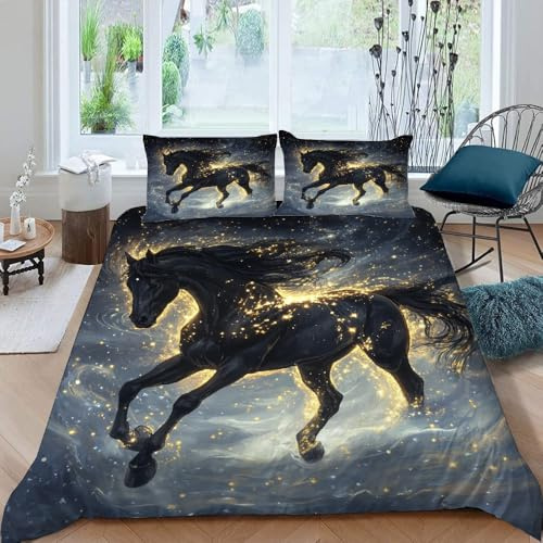 Generisch Schwarzes Pferd Bettwäsche 135X200 cm Kinder Junge Mädchen 3D Effekt Bettbezug Jugendliche Bettwäsche-Set Mikrofaser Bettbezug Mit Reißverschluss Und 2 Kissenbezug 80X80Cm