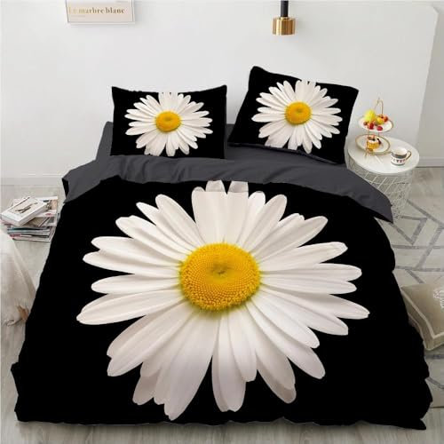NBVGHJ Chrysanthemum Print Duvet Cover Set, Black and White Floral Design, Machine Washable, Quick-Drying (220×240CM)