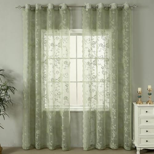 2 Panels Lace Curtains for Windows 52 x 63inch Vintage Rose Sheer Curtains Sage Green Privacy Lace Drapes Farmhouse Window Treatments with Hooks Rings for Bedroom Living Room(green)