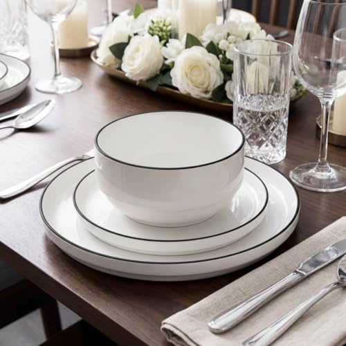 Waterside 12pc Black Rim Stacking Porcelain Dinner Set; 4 Dinner Plates, Side Plates & Deep Bowls - Dishwasher & Microwave Safe