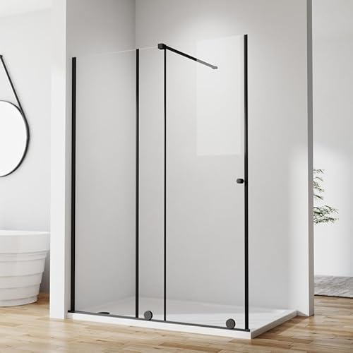 Walk in Duschwand 90-140 cm Schiebetür Schwarz Walk-in Dusche, Goezes Duschtrennwand mit Stabilisator Duschabtrennung aus 6mm ESG Sicherheitsglas, Dusche Höhe: 185cm