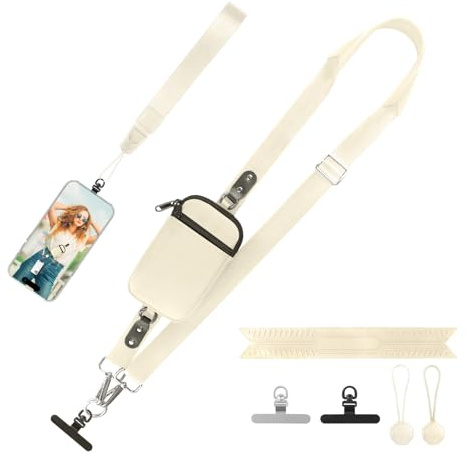 YFWE Handy-Gurt mit abnehmbarer RFID-Blocker Geldbörse | Verstellbarer Crossbody Phone Lash für alle Smartphones | 360° drehbares Armband mit weichen Silikon-Polster (Weiß)