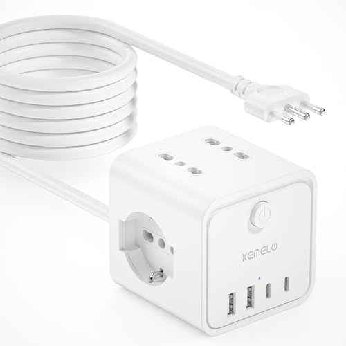 Ciabatta Elettrica Multipresa con 4 Prese Universali 10/16A ITA e Schuko, 5 M Prolunga Elettrica con 2 USB A+2 USB C,Presa Multipla Spina Piatta Salvaspazio con Interruttori per Casa, Ufficio Nero