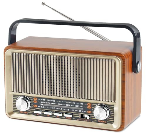 Radio rétro avec Bluetooth, petite radio de valise nostalgie avec AM/FM/SW3, USB/TF/AUX, rechargeable, radio de cuisine, radio vintage pour cuisine, bureau, extérieur