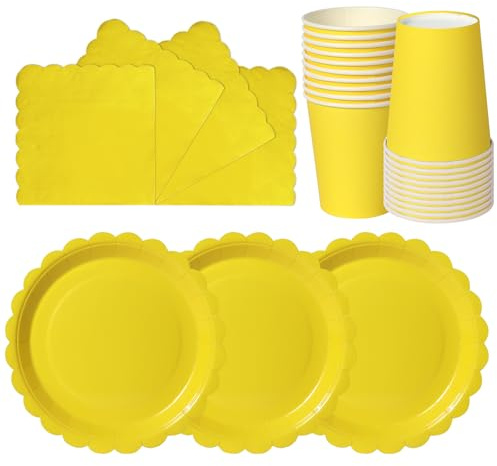 72 Stück Gelb Wellenschliff Party Pappteller Set,Papiergeschirr Set,Geburtstag Party Geschirr Becher Serviette Pappteller für Babypartys, Geburtstag, Weihnachten Geburtstagsparty Deko-24 Gäste