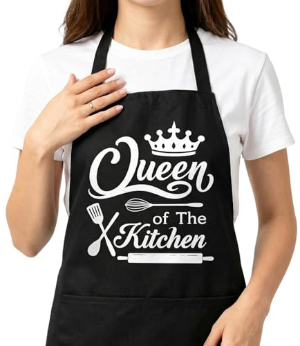 Kochschürze Damen Schwarz, Lustige Küchenschürze Damen Queen of the Kitchen | Kochschürze Damen Lustig Verstellbare Backschürze mit Tasche, Geschenk für Mama, Ehefrau, Schürze Damen zum Kochen & Grillen
