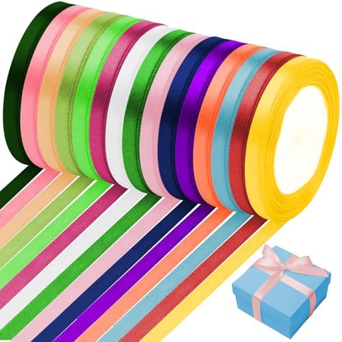 Cinta de raso de 15 colores, 10 mm x 22 m, cinta decorativa de tela, cintas de seda pastel para envolver regalos, manualidades, cumpleaños y decoración de bodas (mezcla de colores)