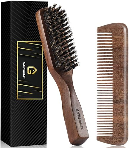 GAINWELL Mens Hair Brush Beard Comb Set, Slick Back Boar Bristle Hair Brush with Stiff Bristles for Thick Hair, Natural Black Walnut Gold Sandalwood Handle, Beard Mustache Brushes Comb Kit