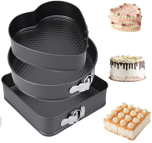 YXHZVON 3 Piezas Molde Tarta Desmontable, Moldes para Pasteles (20/22/24cm), Acero inoxidable Molde Reposteria Para Tartas, Pasteles de Mousse (Redondo Cuadradas y Corazón)