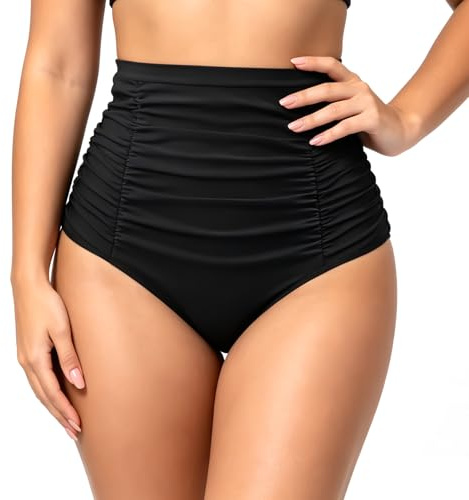 Vicloon Bas de Bikini Taille Haute pour Femme, Culotte de Bikini plissée Gainante, Short de Bain Noir pour Femme, Tissu Doux et élastique, idéal pour Les activités Aquatiques