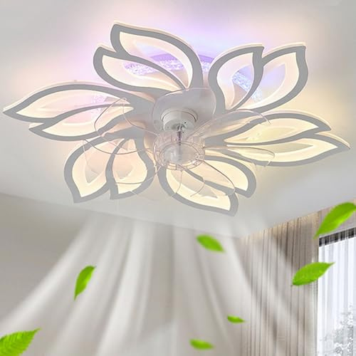 Grand plafonnier avec ventilateur LED pour chambre à coucher, Intensité variable Ventilateur de plafond avec lumière réversible Télécommande moderne, Lampe silencieuse avec ventilateur fleur (Blanc)