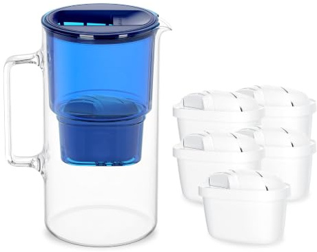Wessper Jarra Filtro Agua Cristal 3 litros, juego con 5 Filtros - Azul | jarras con filtros de agua, filtro carbón activo, sin BPA