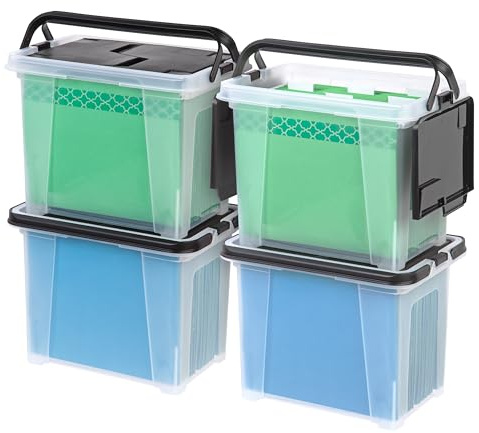 IRIS USA Aktenbox mit Flügeldeckel für Briefe/Rechtsakten, wasserabweisende Dokumentenbox, BPA-freier Kunststoff, Aufbewahrungsbehälter mit Griffen, stapelbar, nestbar, transparent, 18 l, 4 Stück