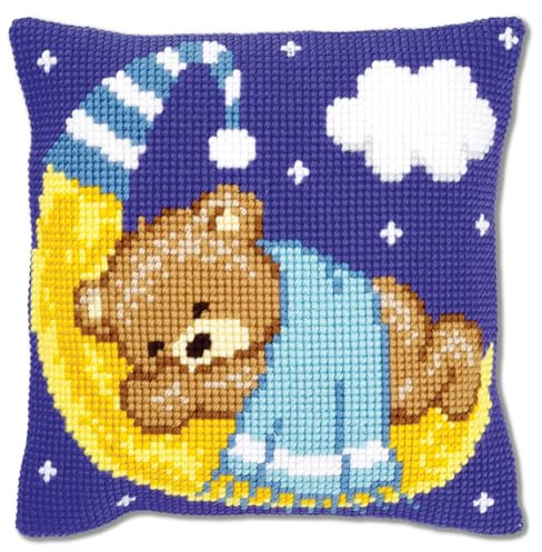 VERVACO Kit Cuscino Punto Croce Orso sulla Luna Blu Set Ricamo Principianti Cuscini Gobelin Decorativi ca. 40 x 40 cm Accessori per Lavoretti Creativi DIY Casa Decor Hobby Adulti Cross Stitch