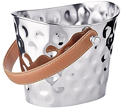 EDZARD Seau à glace Gilbert (H 17 cm, B 23 cm), acier inoxydable, martelé | Nickelé avec anse en cuir marron, refroidisseur à vin, seau à champagne, accessoires de bar