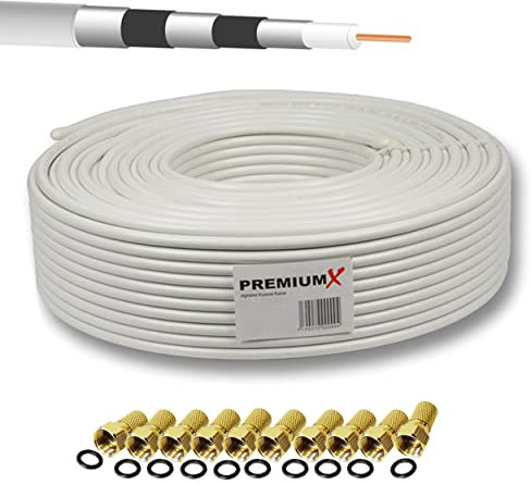 25m PremiumX Basic Pro Cable coaxial Sat Cable de Antena de 135dB Cable coaxial blindado de 5 vías Cable de Antena para 4K Ultra HD | DVB-S / S2 | DVB-C | DVB-T | Sistemas BK + 10 x Conector F 8.0mm