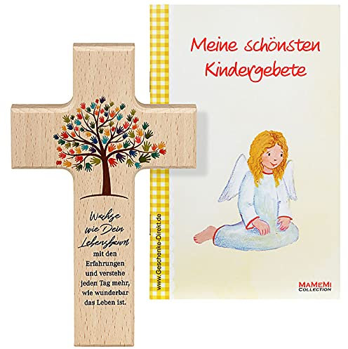 MaMeMi Kinder-Holzkreuz LEBENSBAUM – 15 cm – Taufkreuz aus BUCHENHOLZ natur mit Spruch & Gebetsbüchlein – GESCHENK ZUR TAUFE, Geburt oder Kommunion – Kinderkreuz
