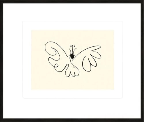 artissimo Bild gerahmt 63x53 cm Pablo Picasso „Schmetterling“ AG4117 – hochwertiger Siebdruck auf Büttenpapier, Line-Art Strichzeichnung in Schwarz-Weiß
