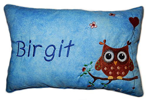Momelie Blaues Schmusekissen * Kuschelkissen * Eule * mit Namen Bestickt * 25 x 40 cm * SK-bl_0145
