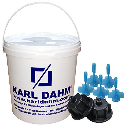 Karl Dahm Fliesen Nivelliersystem Levelmac Basis-Set für 3 mm Fugen: 50 schwarze Zughauben für Fliesenstärke 3-12 mm + 250 blaue Gewindelaschen + Eimer I Professionelle Fliesen Verlegehilfe – 12441