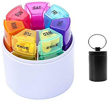 Tablettenbox 7 Tage 4 Fächer - Rund Pillenbox mit Kostenlosem Pillendose Schlüsselanhänger, Tablettendose Morgens Mittags Abends Nachts - Ideal für Medikamente, Tabletten, Vitamins