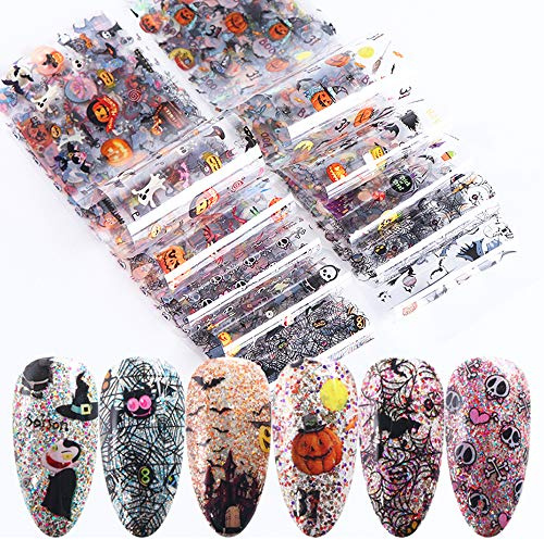Halloween Nail Foil Set Fall Nail Decals Day of The Dead Nail Art Stickers Pumpkin Cat Designs Charms Nail Decorations DIY Transfer Paper Holographic Nail Decor Wraps Adhesive Accessory 10Pcs/Pack