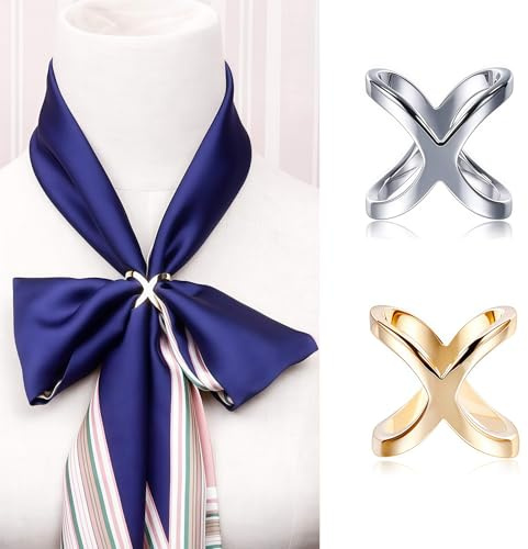 2 unidades moda para mujer elegante en forma de X bufanda de seda clip anillo bufandas hebilla titular bufanda broche ropa anillo abrigo decoración accesorio para damas niñas (oro + plata)