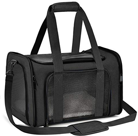 Qlf yuu Transporttasche für Katzen und Hunde, mit weichen Seiten, für mittelgroße und kleine Fluggesellschaften zugelassen, faltbare Tragetasche für Kaninchen, Welpen, für Reisen (schwarz, mittel)