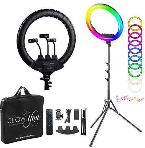 GlowYou Pro 18'' RGB Ring Light 46 cm Treppiede 200cm. 3 Supporti per telefono Telecomando Controllo vocale Illuminazione a colori 350 LED 55W 3200-5600K per TikTok, Instagram, ecc..