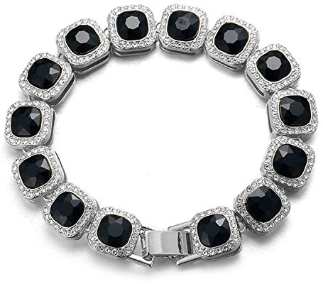 Halukakah Diamant Weiß Gold Armband für Männer,Herren Platin Weißgold Quadratischer Schwarz Diamant Armband 21.5cm,Zinken-Set Labordiamanten,mit KOSTENLOSER Geschenkbox