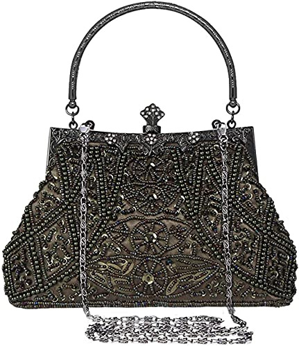 SYMALL Damen Handtasche für Party Vintage Clutch Elegant Retro Abendtasche Hochzeit Tasche mit Perlen Cocktail Braut Umhängetasche Bankett, Grau