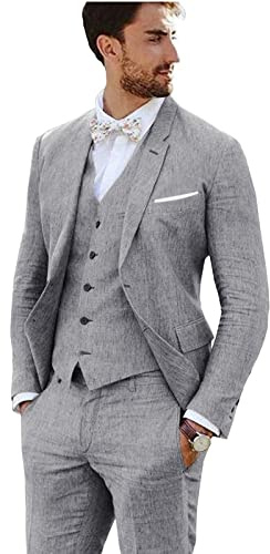 Furuyal Leinenanzug, 3-teilig, Vintage-Retro-Stil, Hochzeit, Abschlussball, Anzüge, schmale Passform, Jacke, Blazer, Bräutigam, Smoking, Grau, XX-Large