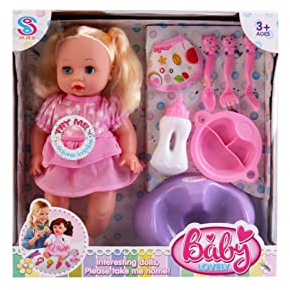 Little Bambino Baby Doll With Feeding Chair Bottle Baby Dish and Cuttlery Pretend Play UK Stock