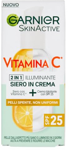 Garnier Siero in Crema Vitamina C SkinActive, 2 in 1 Siero Vitamina C e Crema Idratante SPF25, Anti-Macchie e Illuminante, Non unge, Adatto a Tutti i Tipi di Pelle, 50 ml, packaging may vary
