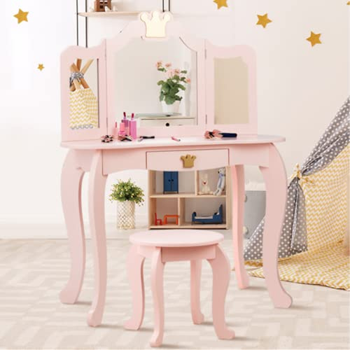 COSTWAY Kids Vanity Table and Chair, Girls Dressing Tables with Tri-Folding & Detachable Mirror and Drawer, Cute Make Up Pretend Dresser Desk Stool Set for Toddlers