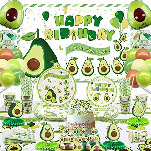 Frucht-Avocado-Partyzubehör, Avocado-Geschirr-Party-Set für Mädchen, Kinder, Avocado-Geburtstagsparty, inklusive Teller, Tassen, Servietten, Tischdecke, Hintergrund, Luftballons, für 20 Personen