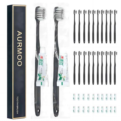 AURMOO 30 Cepillo de Dientes Desechable, Cepillos de Viaje con Pasta de Dientes, Cepillos de Dientes Desechable, Toothbrushes para Hoteles, Campamentos y Viajes, Empaquetados Individuales.