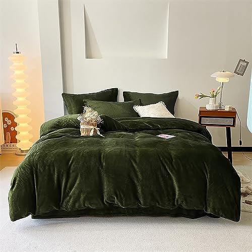 Luxlovery Juego de edredón de terciopelo verde militar, tamaño California King, juego de ropa de cama de franela color verde oscuro, juego de ropa de cama grueso, suave y transpirable, juego de