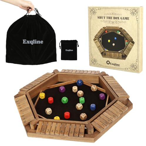 Exqline Shut The Box Game for 2-6 Players, Wooden Board Table Math Game with 14 Dice, 6 Way Classic Puzzle Board Games for Home Classroom or Pub