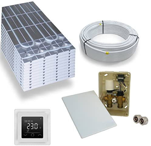 Warmwasser Trockenestrich Fußbodenheizung HoWaTech DRY Komplett Set 5/10m² Dämmplatte 30mm EPS WLG 035 DEO und E-Regelbox WLAN Touch weiß, Heizfläche:10.00m²