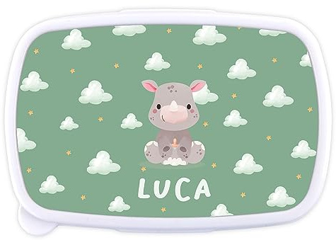 LolaPix Fiambrera niños. Caja merienda bebé. Tupper niños colegio. Regalos personalizados. Apta para microondas y libre de BPA, filatos y metales pesados. Rino nubes