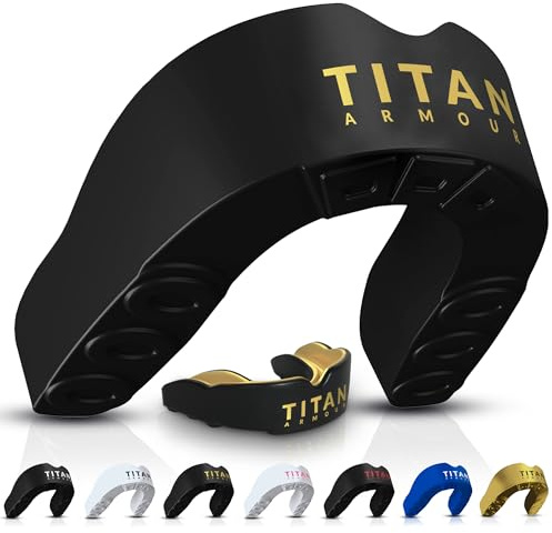 Titan Armour® Gum Shield w/Dual-Layer Technology | Adults & Junior Custom-Fit Mouth Guard | Case Inc | Boil & Bite Mouthguard: Boxing, Rugby, MMA, Hockey & All Contact Sports | UK Brand Age 11+ Gold