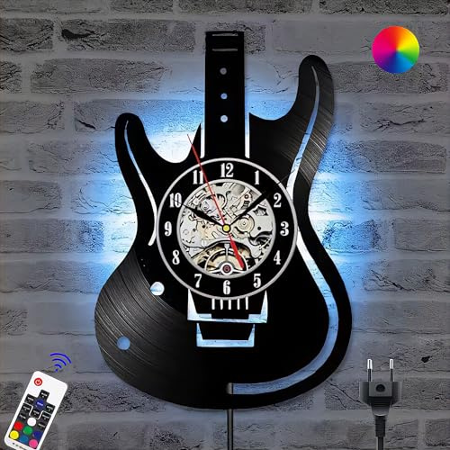 KZT RGB LED Wandleuchte mit Fernbedienung Gitarren Schallplattenuhr Wanduhr mit Wandlampe Dimmbar Wandbeleuchtung mit EU Stecker 3D Design Uhren für Wohnzimmer Schlafzimmer Bars Restaurant Wand-Deko