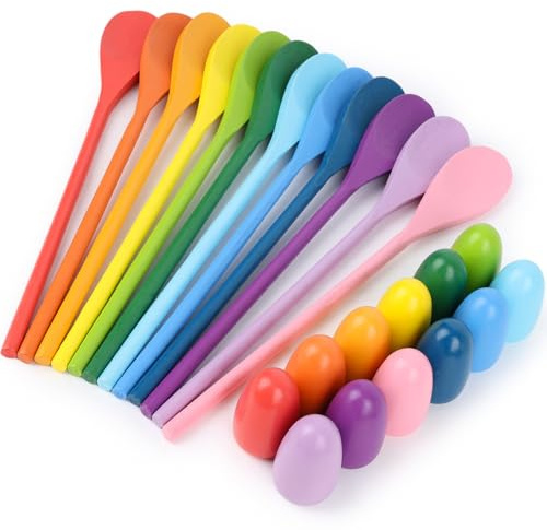 LovesTown 24PCS Egg Spoon Race Game Set for Easter Party Favors, Relay Race Wooden Egg Balance Carnival Games for Kids & Family Activity Holiday Hunt Game Outdoor Lawn Games