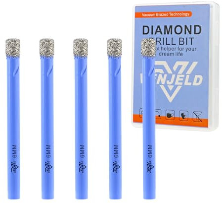 VENJELD Set Punte Trapano Diamantate - 6mm 5 Pezzi Punte per Piastrelle Ceramica Porcellana Marmo Granito - Gambo Tondo con Custodia