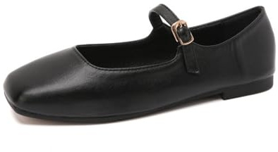 Amtopiyo Mujer Retro Punta Cuadrada Mary-Janes Piel de Microfibra Bailarinas SH053 Negro EU38.5=CN40