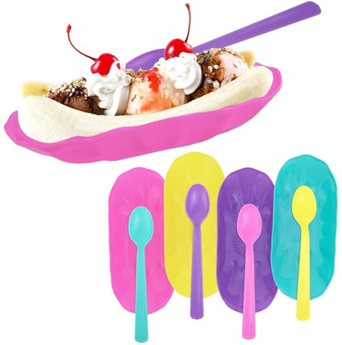 Set of 4 Reusable Banana Split Boats with Color Matching Spoons Use as Desert Dish, Ice Cream Sundae, Fruit Bowls, Ice Cream Bowl, Brownies,Snack Trays BPA Free (4)
