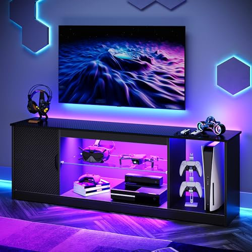 Bestier 145 CM LED TV Stand for 55/60 / 65 Inch TVs Gaming Entertainment Center with Cabinet for PS5 Modern TV Cabinet with Adjustable Glass Shelves for Living Room Bedroom