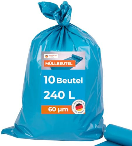 Müllsäcke 10 Stück - 1 Rolle | 240l stabile extra große blaue Müllbeutel | Abfallsack 60µm stark | 100% Recyclinganteil | reißfest & wasserdicht