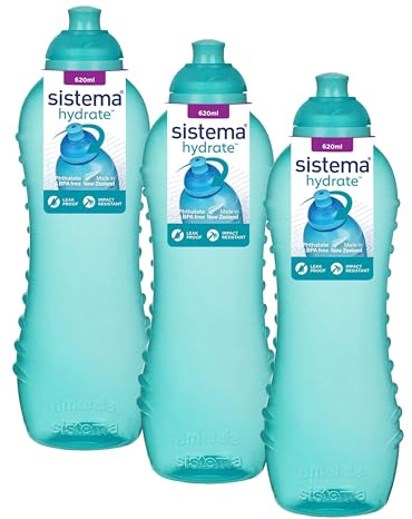Sistema Twist 'n' Sip Squeeze Sports Water Bottle, Leakproof Water Bottle, BPA-Free, Assorted Colours, 620 ml (Pack of 3)